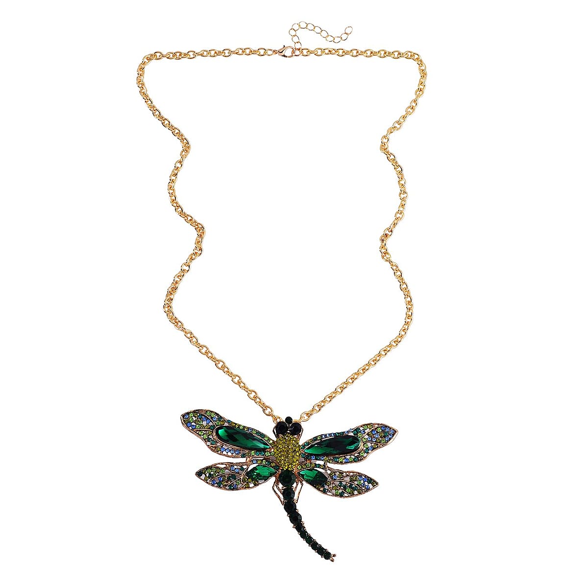 Green Glass and Multi Color Austrian Crystal Dragonfly Brooch Or Pendant with Necklace 24 Inches in Goldtone image number 2