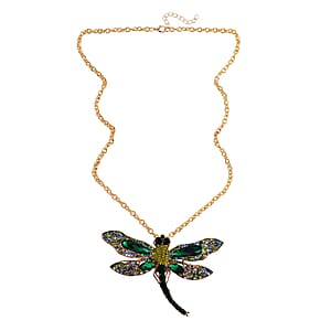 Green Glass and Multi Color Austrian Crystal Dragonfly Brooch Or Pendant with Necklace 24 Inches in Goldtone