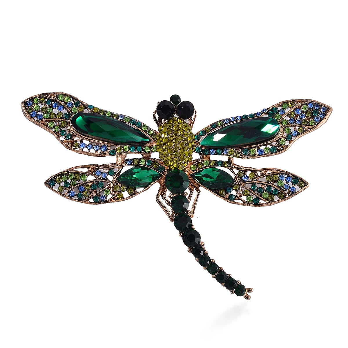 Green Glass and Multi Color Austrian Crystal Dragonfly Brooch Or Pendant with Necklace 24 Inches in Goldtone image number 3