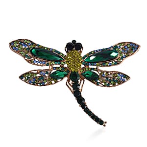 Green Glass and Multi Color Austrian Crystal Dragonfly Brooch Or Pendant with Necklace 24 Inches in Goldtone