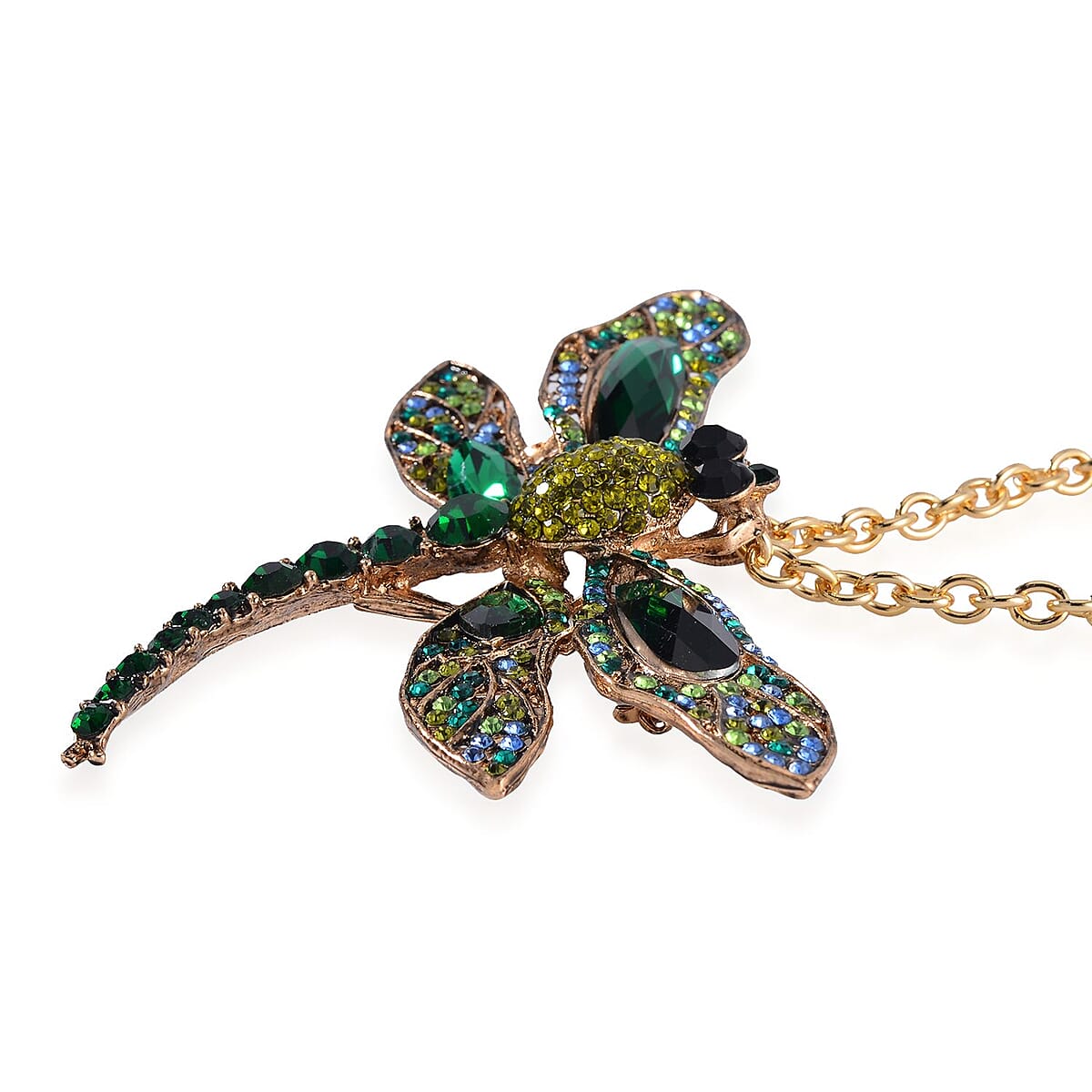 Green Glass and Multi Color Austrian Crystal Dragonfly Brooch Or Pendant with Necklace 24 Inches in Goldtone image number 4