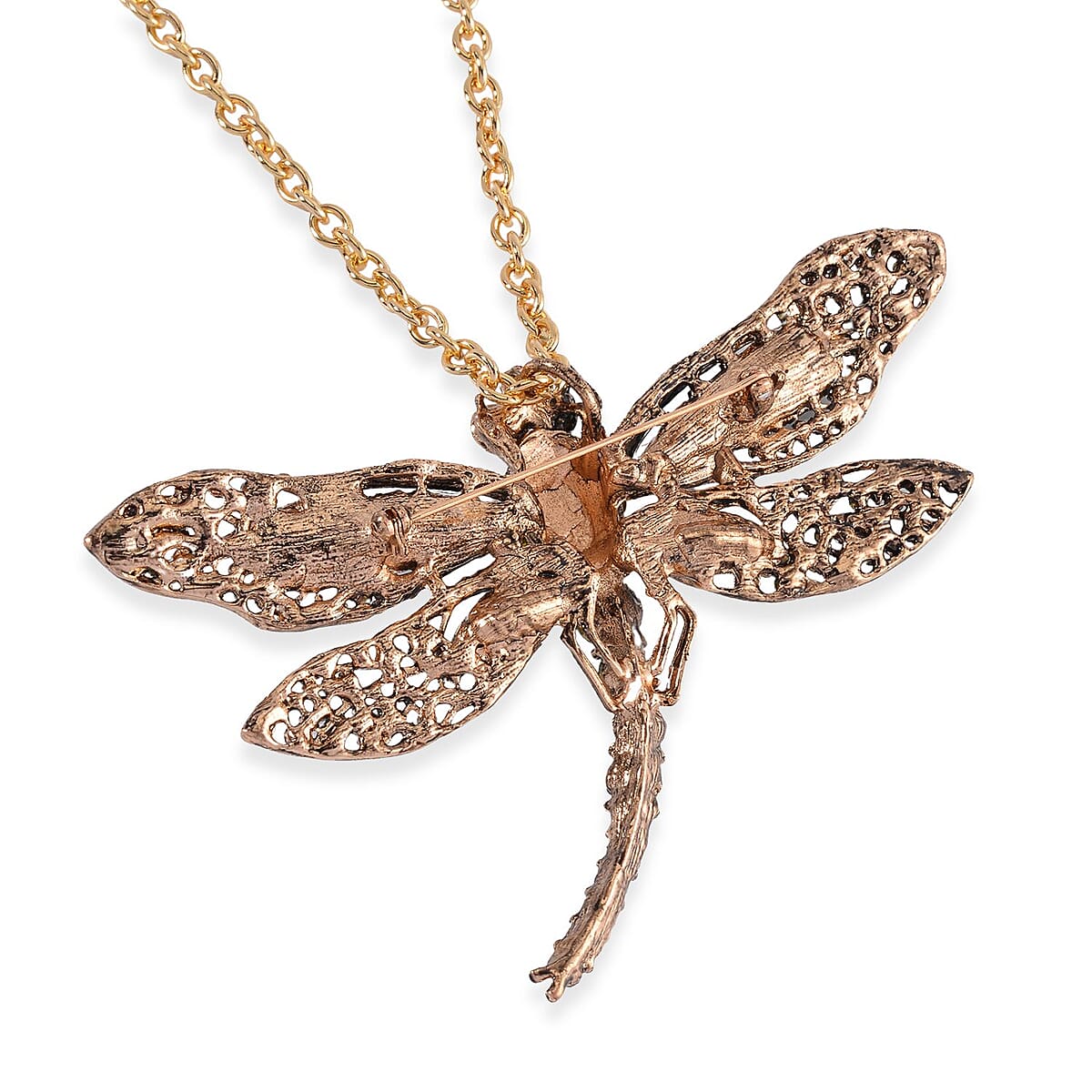 Green Glass and Multi Color Austrian Crystal Dragonfly Brooch Or Pendant with Necklace 24 Inches in Goldtone image number 5