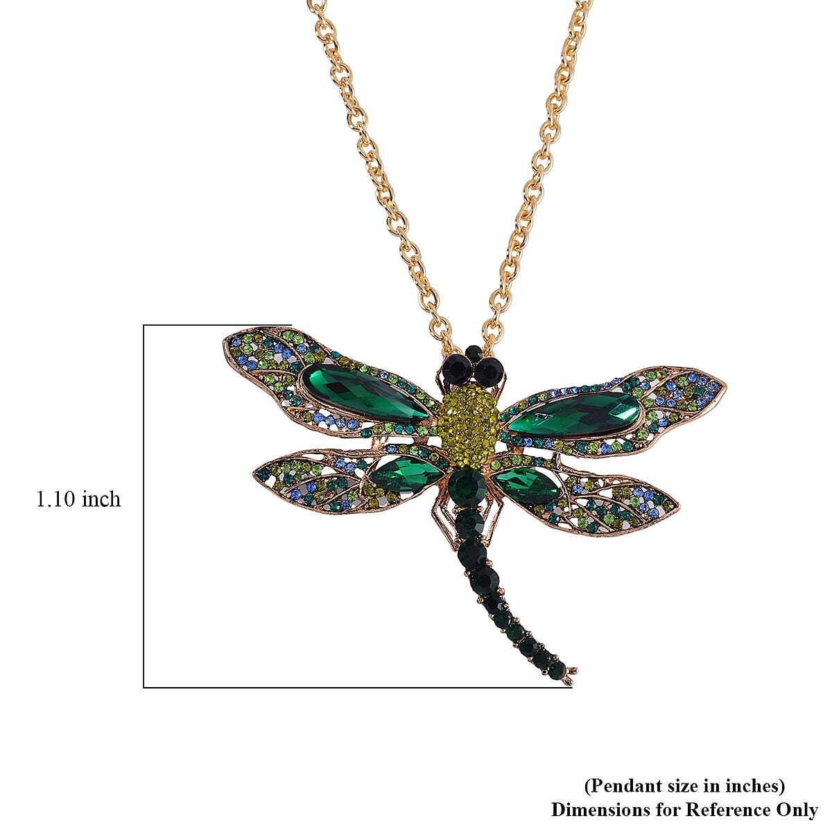 Green Glass and Multi Color Austrian Crystal Dragonfly Brooch Or Pendant with Necklace 24 Inches in Goldtone image number 7
