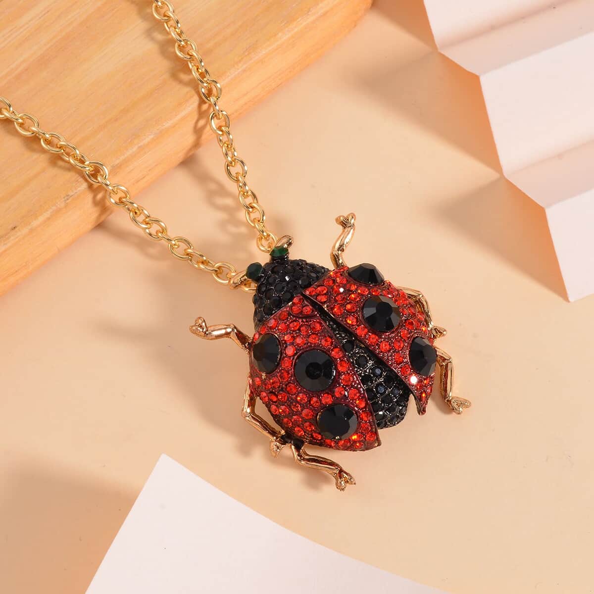 Multi Color Austrian Crystal Ladybug Beetle Brooch Or Pendant with Necklace 24-26 Inches in Goldtone image number 1