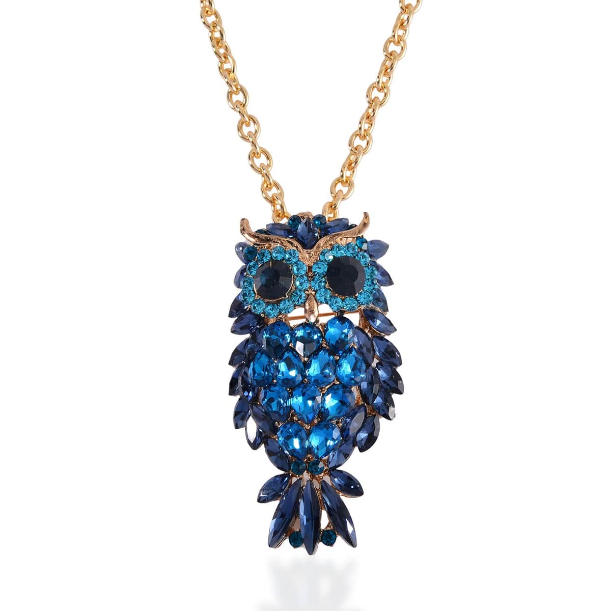 Black and Blue Color Austrian Crystal Owl Brooch Or Pendant with Necklace 24-26 Inches in Goldtone image number 0