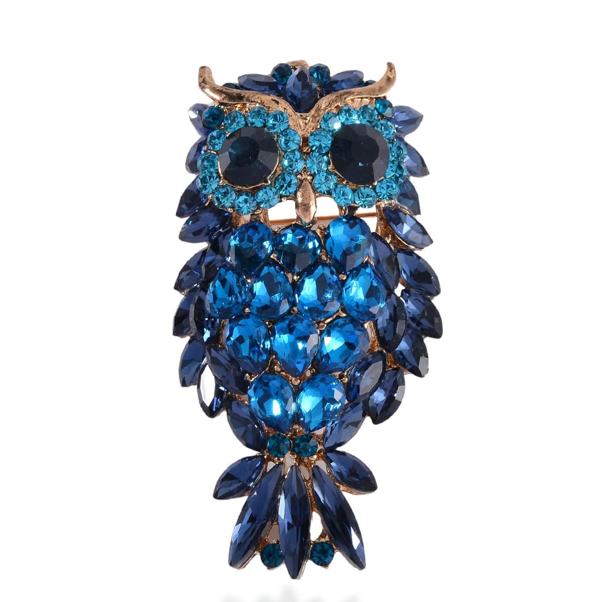 Black and Blue Color Austrian Crystal Owl Brooch Or Pendant with Necklace 24-26 Inches in Goldtone image number 3
