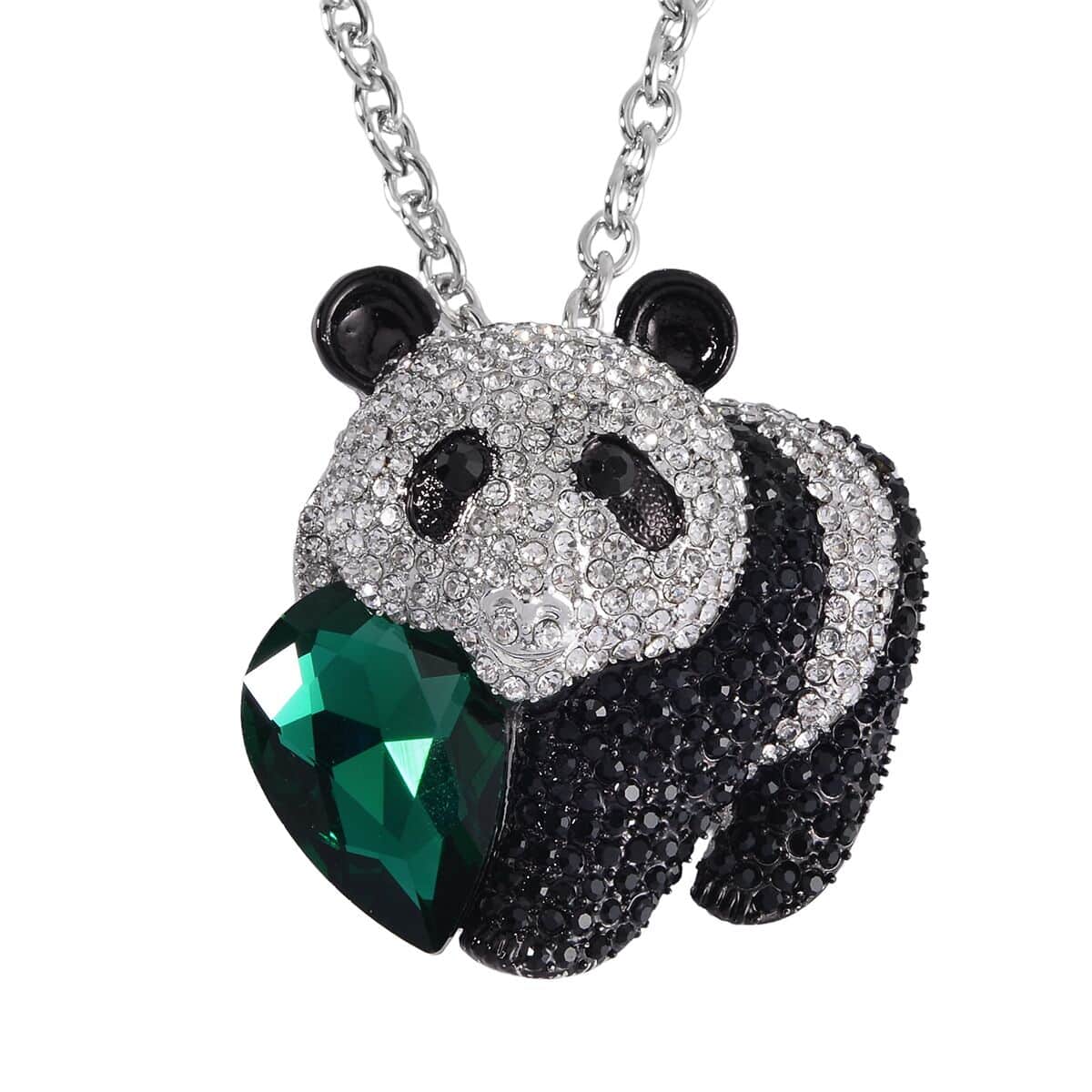 Green Glass, Black and White Austrian Crystal Panda Brooch Or Pendant with Necklace 24-26 Inches in Silvertone image number 0