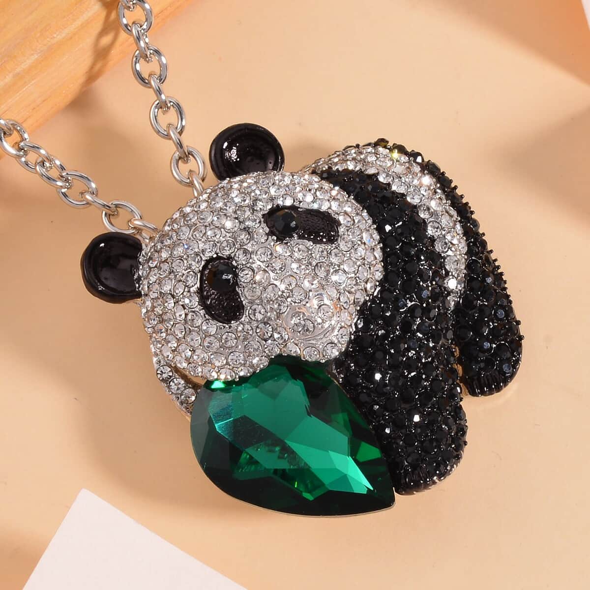 Green Glass, Black and White Austrian Crystal Panda Brooch Or Pendant with Necklace 24-26 Inches in Silvertone image number 1