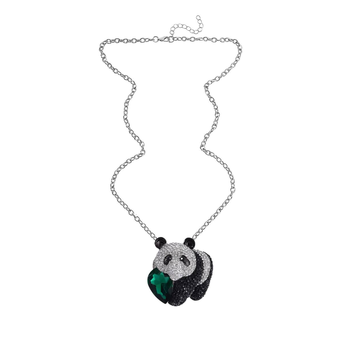 Green Glass, Black and White Austrian Crystal Panda Brooch Or Pendant with Necklace 24-26 Inches in Silvertone image number 2