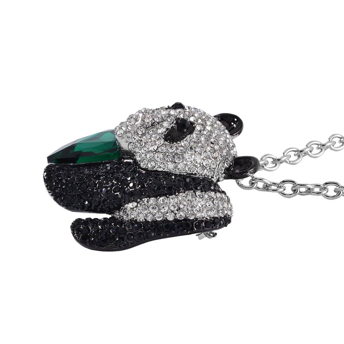 Green Glass, Black and White Austrian Crystal Panda Brooch Or Pendant with Necklace 24-26 Inches in Silvertone image number 3