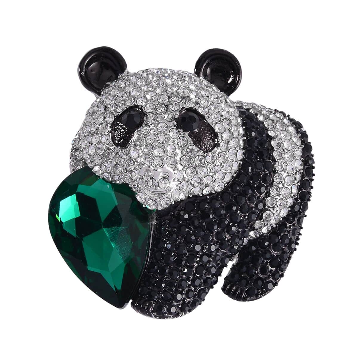 Green Glass, Black and White Austrian Crystal Panda Brooch Or Pendant with Necklace 24-26 Inches in Silvertone image number 5