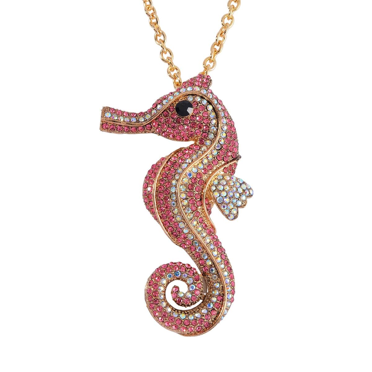 Multi Color Austrian Crystal Seahorse Brooch Or Pendant with Necklace 24-26 Inches in Goldtone image number 0