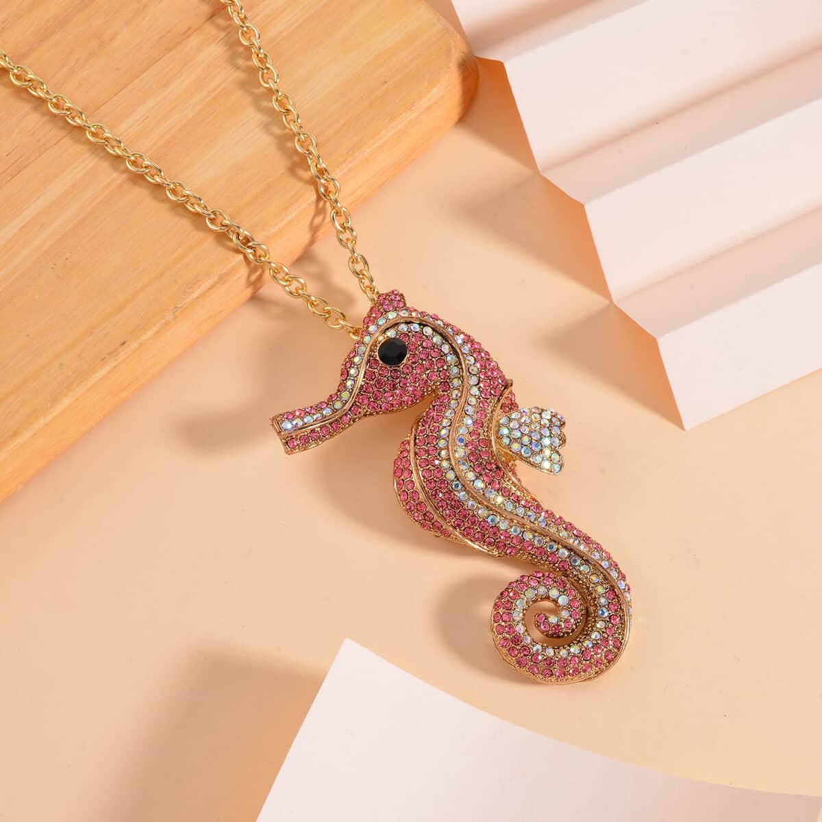 Multi Color Austrian Crystal Seahorse Brooch Or Pendant with Necklace 24-26 Inches in Goldtone image number 1