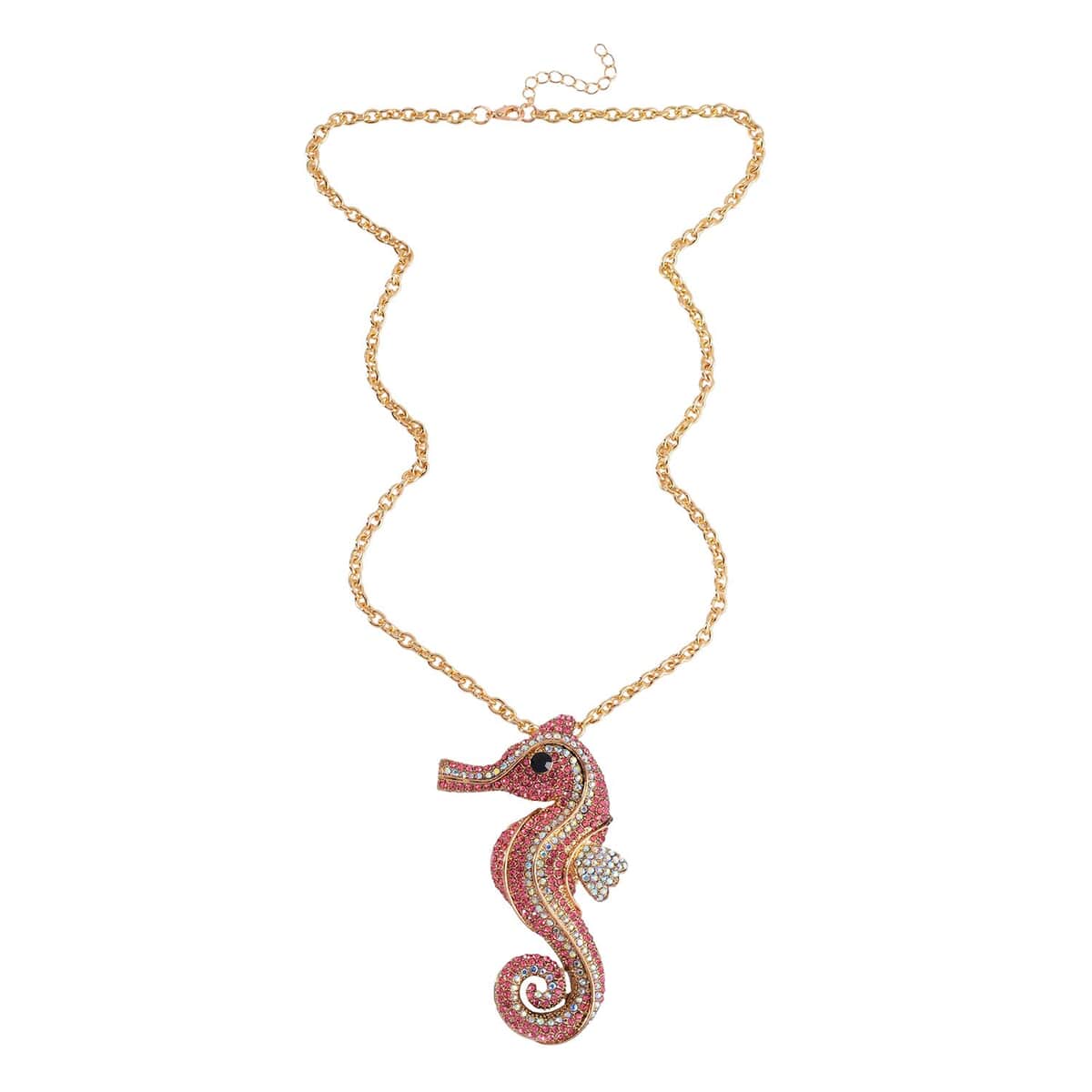 Multi Color Austrian Crystal Seahorse Brooch Or Pendant with Necklace 24-26 Inches in Goldtone image number 2