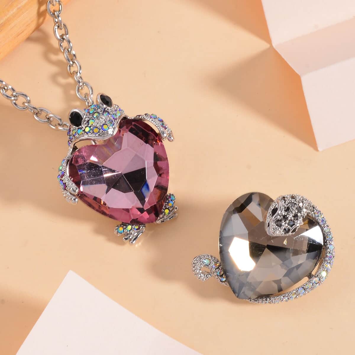 Silver Grey and Pink Glass, Multi Color Austrian Crystal Set of 2 Snake and Frog Brooch or Pendant with Necklace 24-26 Inches in Silvertone image number 1