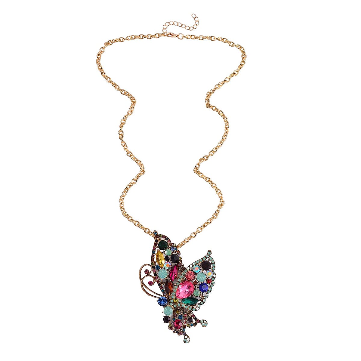 Multi Color Austrian Crystal Butterfly Brooch or Pendant with Necklace (24-26 Inches) in Goldtone image number 2