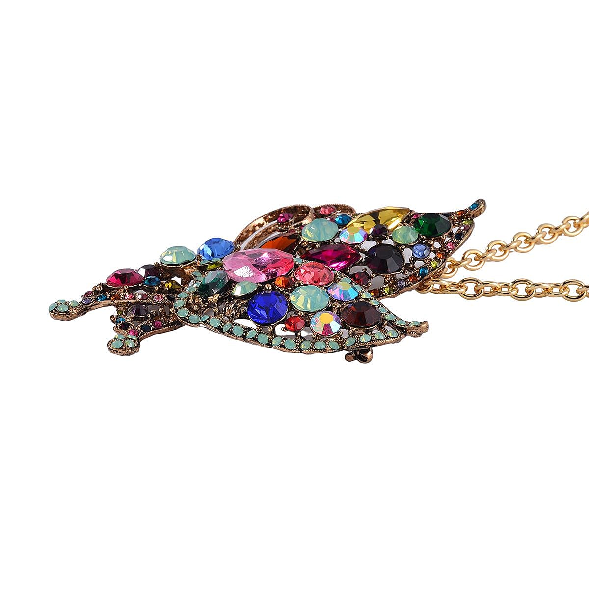 Multi Color Austrian Crystal Butterfly Brooch or Pendant with Necklace (24-26 Inches) in Goldtone image number 3