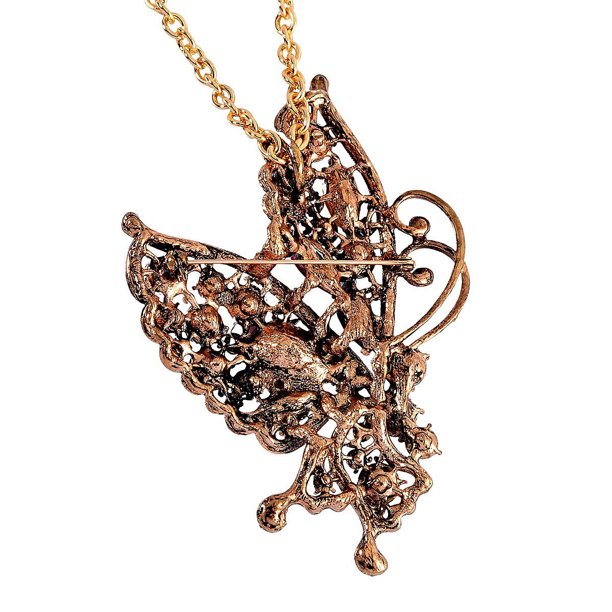 Multi Color Austrian Crystal Butterfly Brooch or Pendant with Necklace (24-26 Inches) in Goldtone image number 4