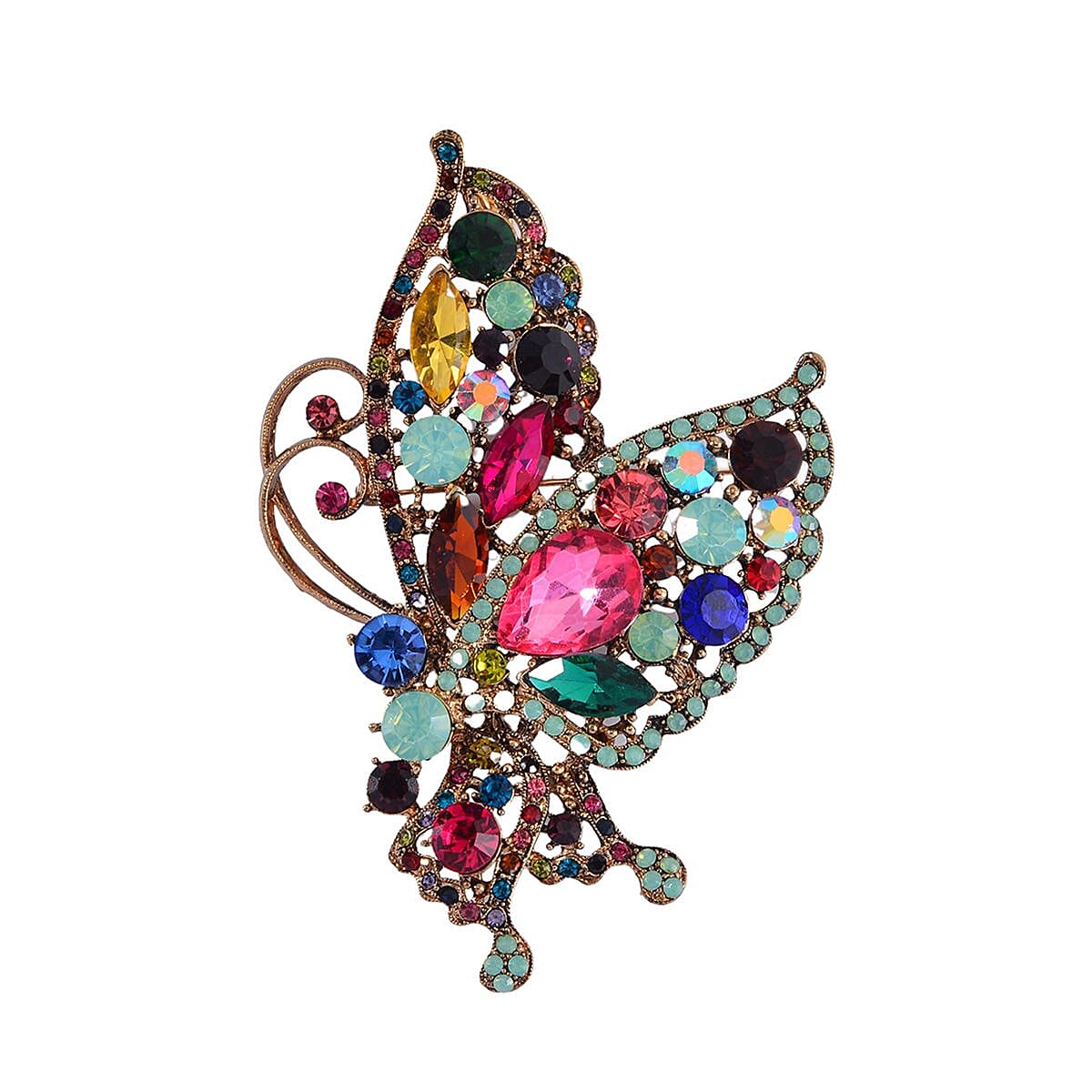 Multi Color Austrian Crystal Butterfly Brooch or Pendant with Necklace (24-26 Inches) in Goldtone image number 5