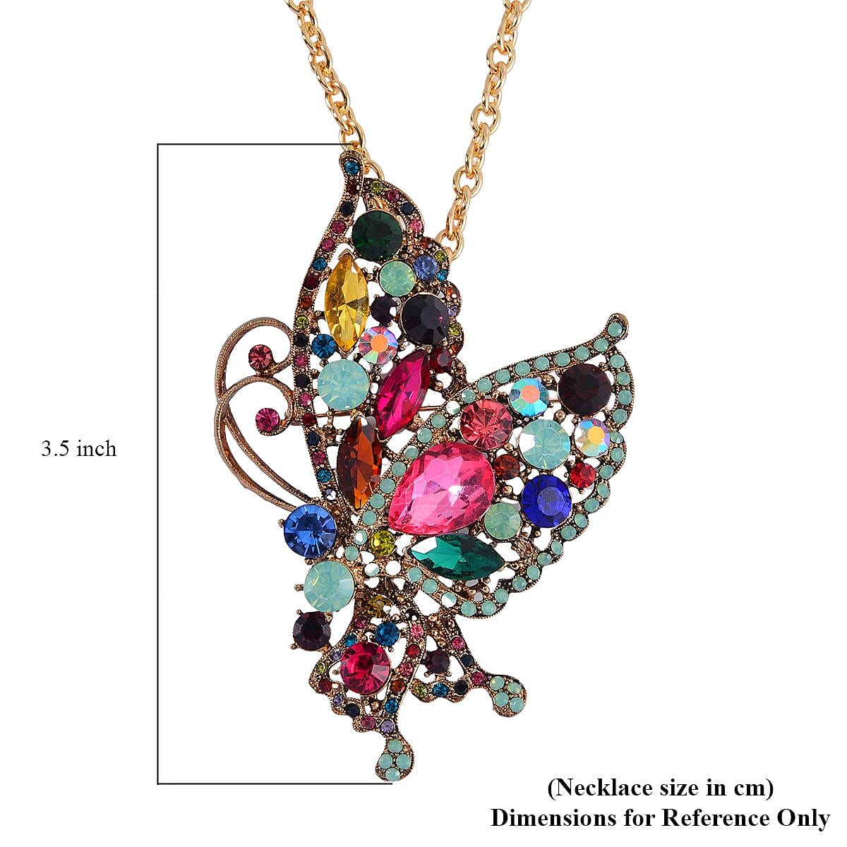 Multi Color Austrian Crystal Butterfly Brooch or Pendant with Necklace (24-26 Inches) in Goldtone image number 7