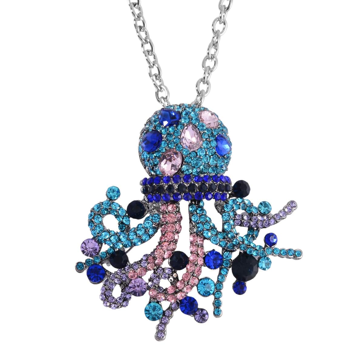 Multi Color Austrian Crystal Octopus Brooch or Pendant with Necklace 24-26 Inches in Silvertone image number 0