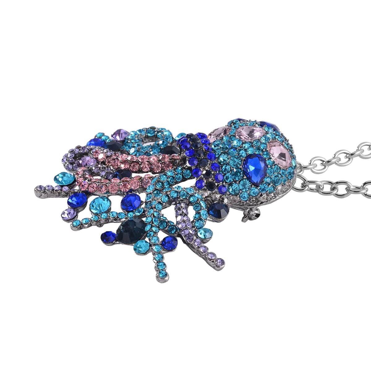 Multi Color Austrian Crystal Octopus Brooch or Pendant with Necklace 24-26 Inches in Silvertone image number 2
