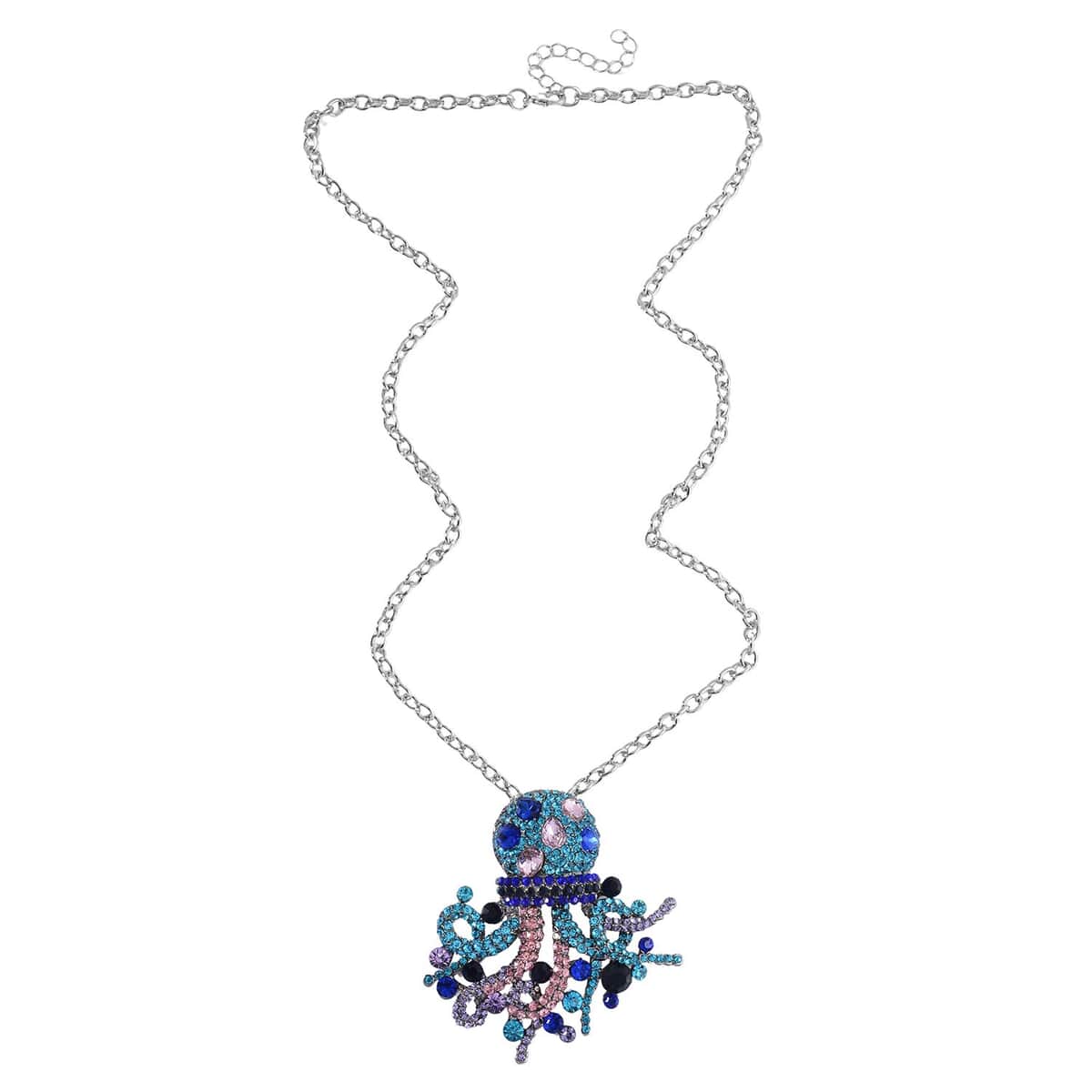 Multi Color Austrian Crystal Octopus Brooch or Pendant with Necklace 24-26 Inches in Silvertone image number 5