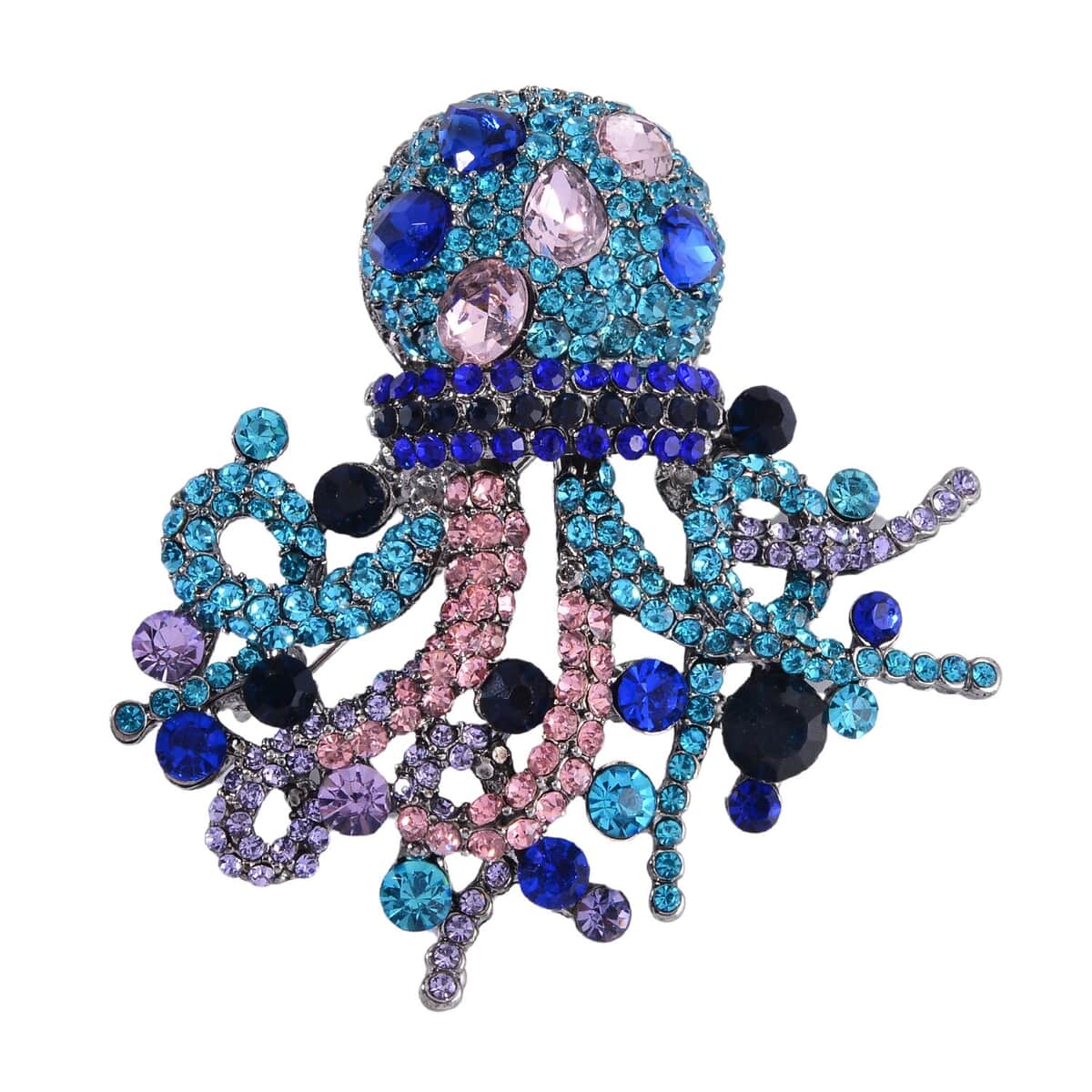 Multi Color Austrian Crystal Octopus Brooch or Pendant with Necklace 24-26 Inches in Silvertone image number 6