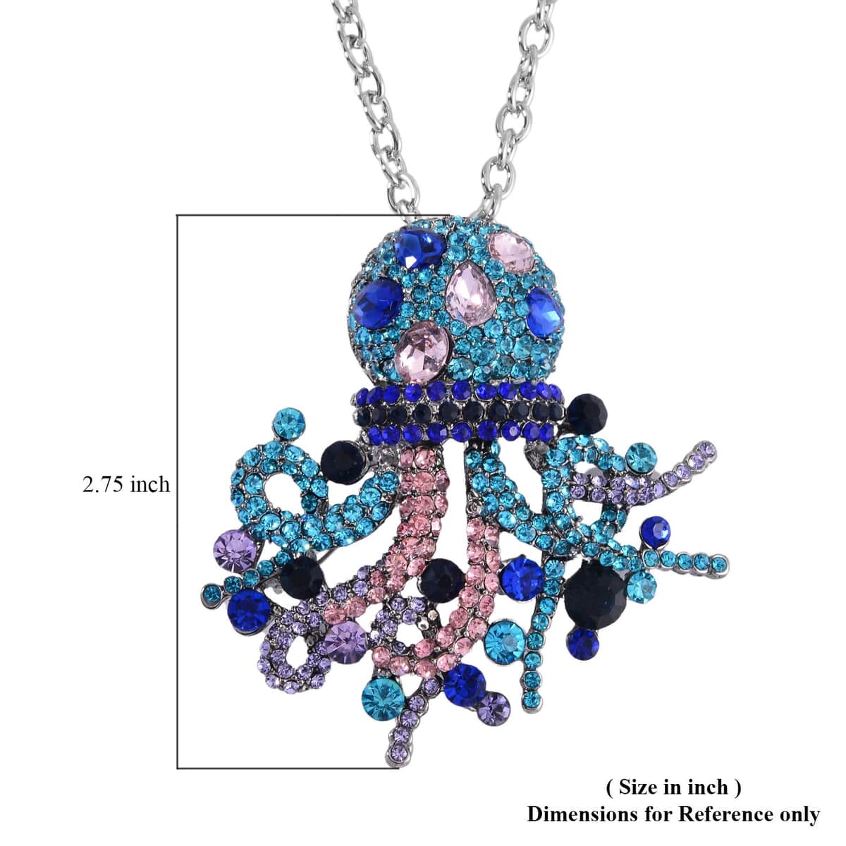 Multi Color Austrian Crystal Octopus Brooch or Pendant with Necklace 24-26 Inches in Silvertone image number 7