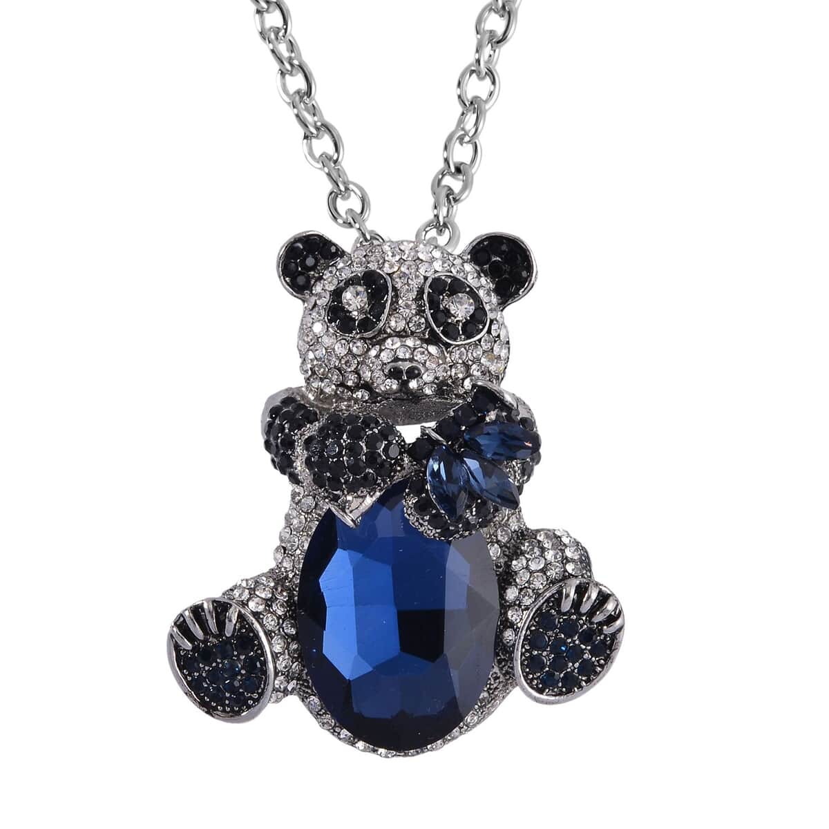 Blue Glass, Black and White Color Austrian Crystal Panda Brooch or Pendant with Necklace 24-26 Inches in Silvertone image number 0