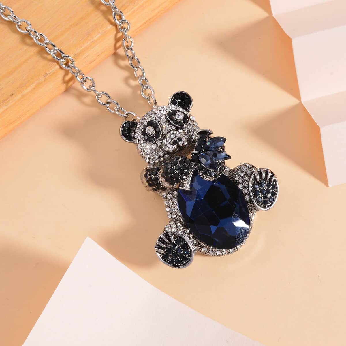 Blue Glass, Black and White Color Austrian Crystal Panda Brooch or Pendant with Necklace 24-26 Inches in Silvertone image number 1