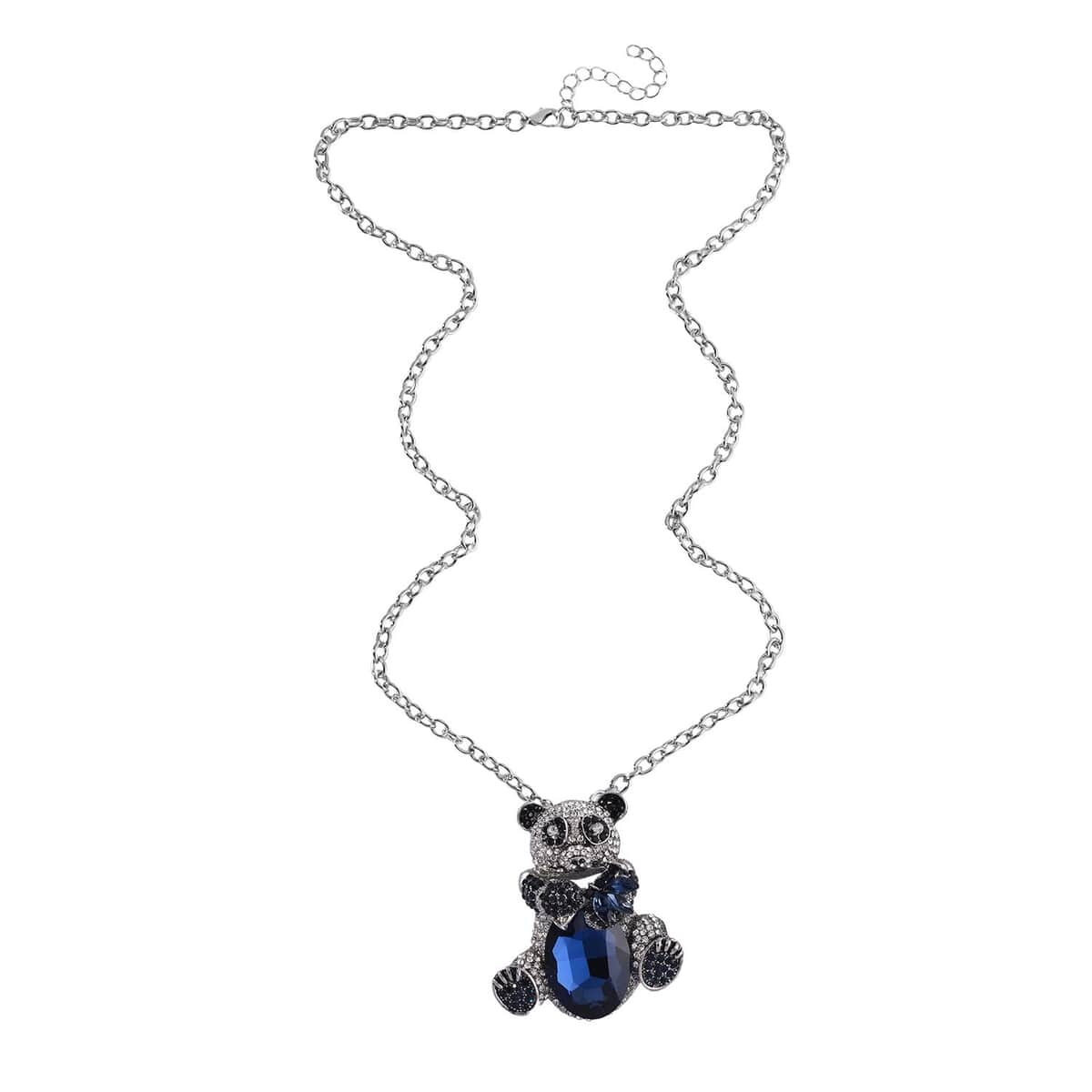 Blue Glass, Black and White Color Austrian Crystal Panda Brooch or Pendant with Necklace 24-26 Inches in Silvertone image number 2