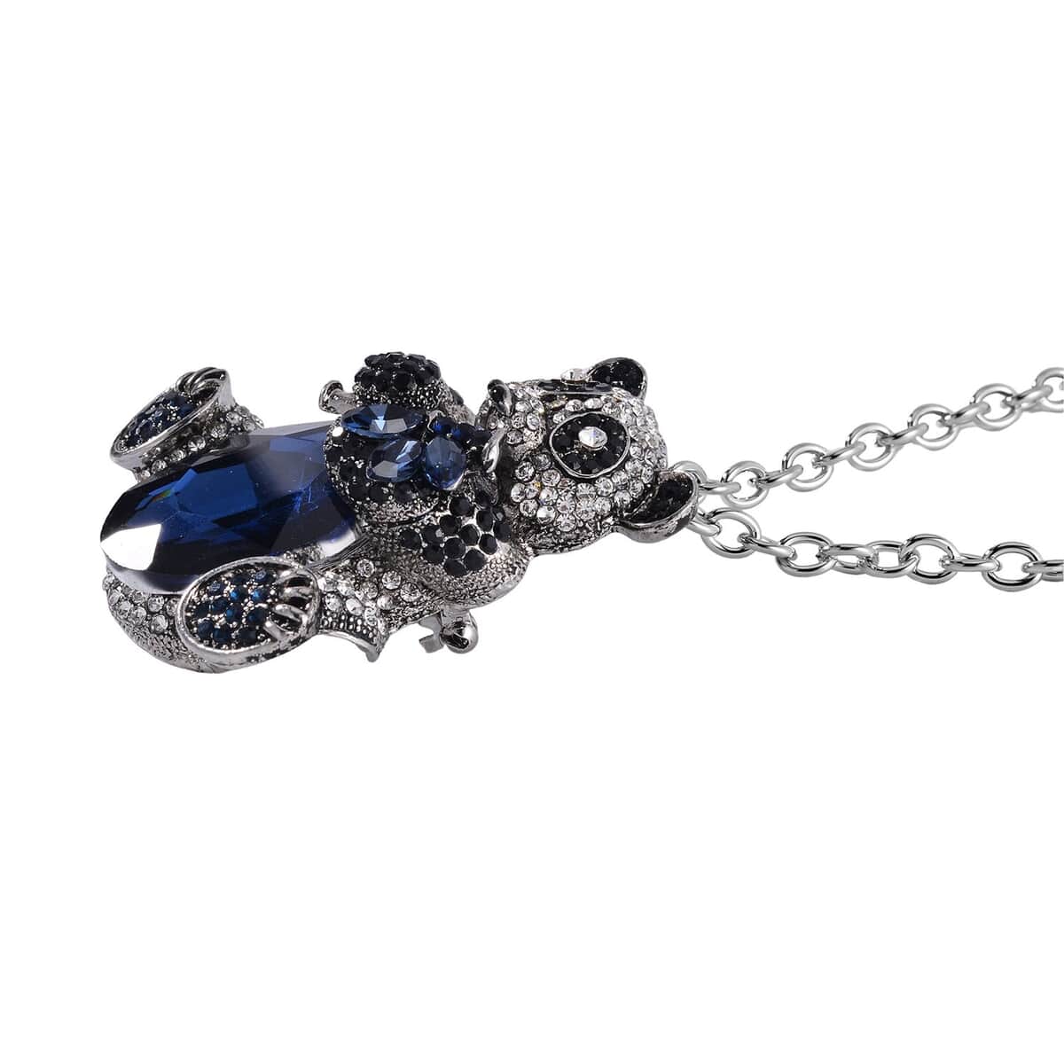 Blue Glass, Black and White Color Austrian Crystal Panda Brooch or Pendant with Necklace 24-26 Inches in Silvertone image number 3