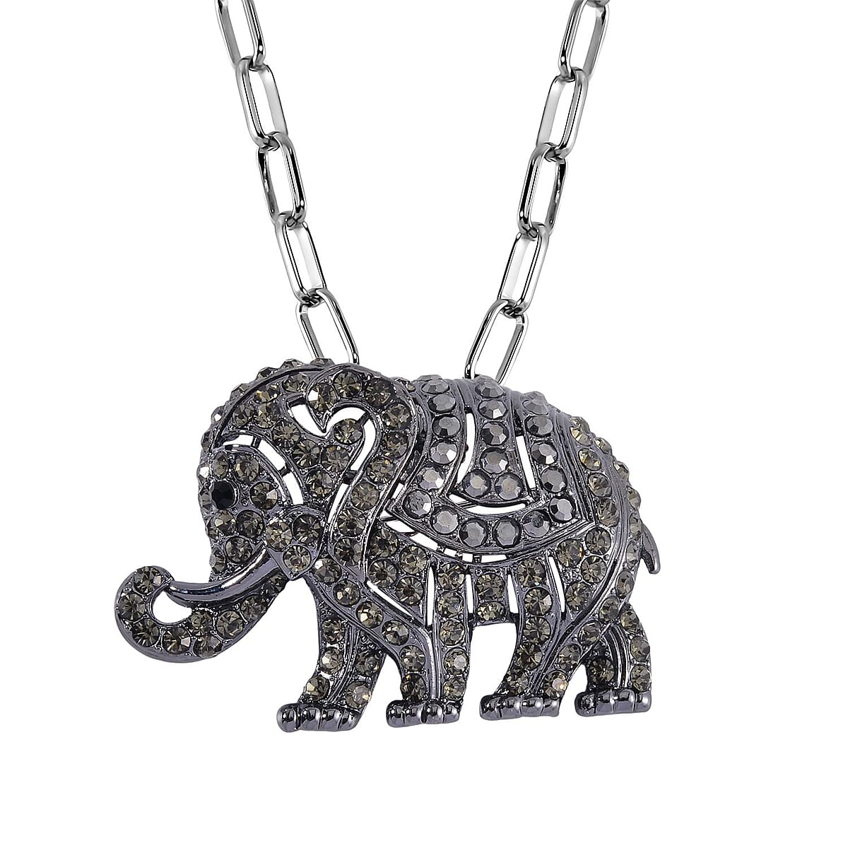 Black and Gray Color Austrian Crystal Elephant Brooch or Pendant with Necklace 24-26 Inches in Silvertone image number 0