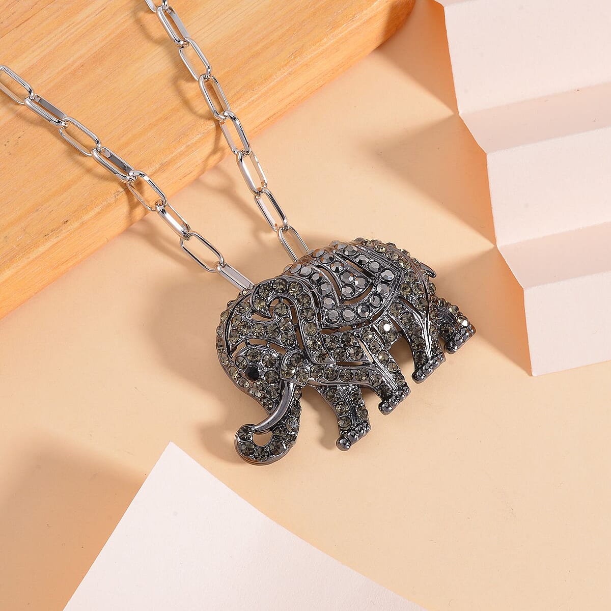 Black and Gray Color Austrian Crystal Elephant Brooch or Pendant with Necklace 24-26 Inches in Silvertone image number 1