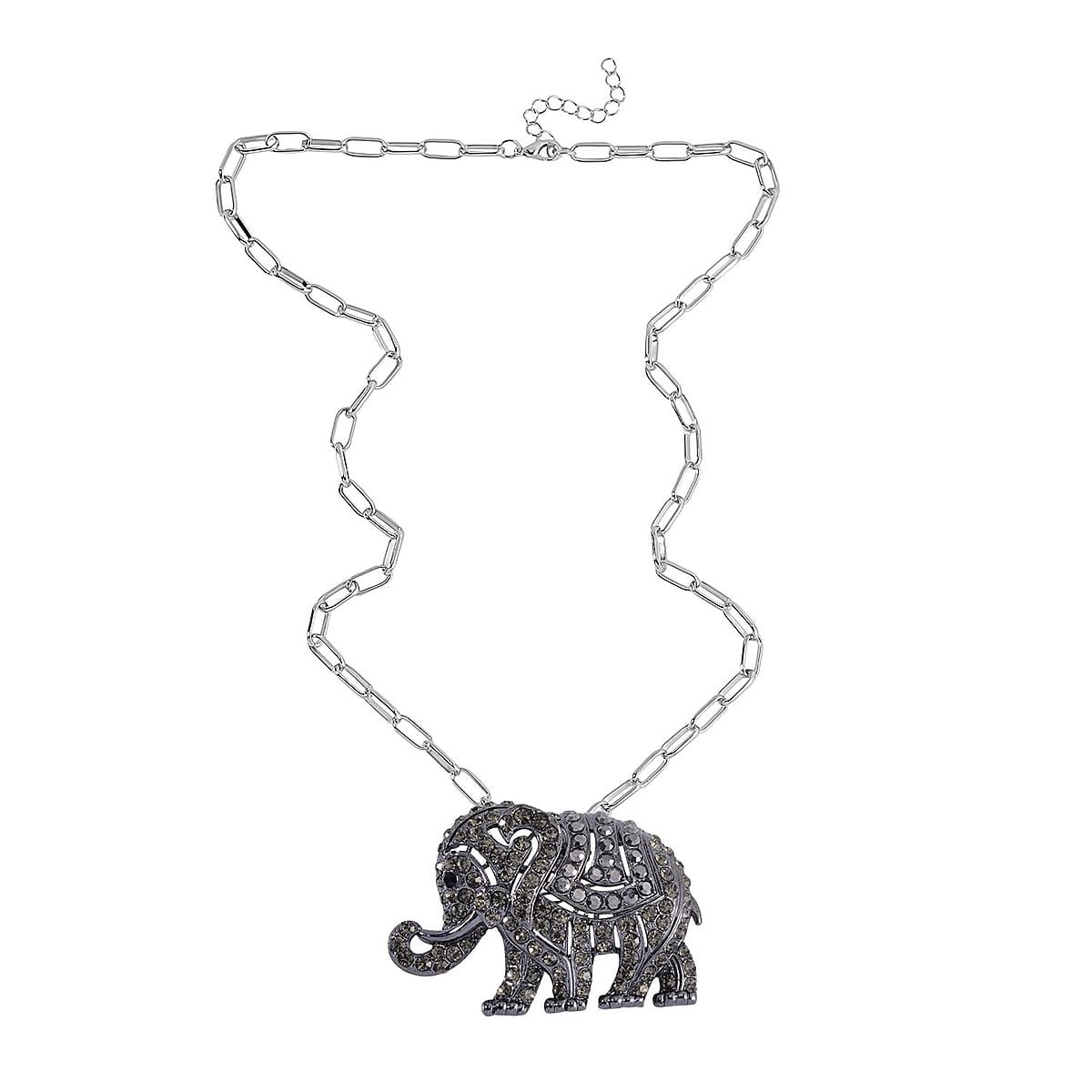 Black and Gray Color Austrian Crystal Elephant Brooch or Pendant with Necklace 24-26 Inches in Silvertone image number 2