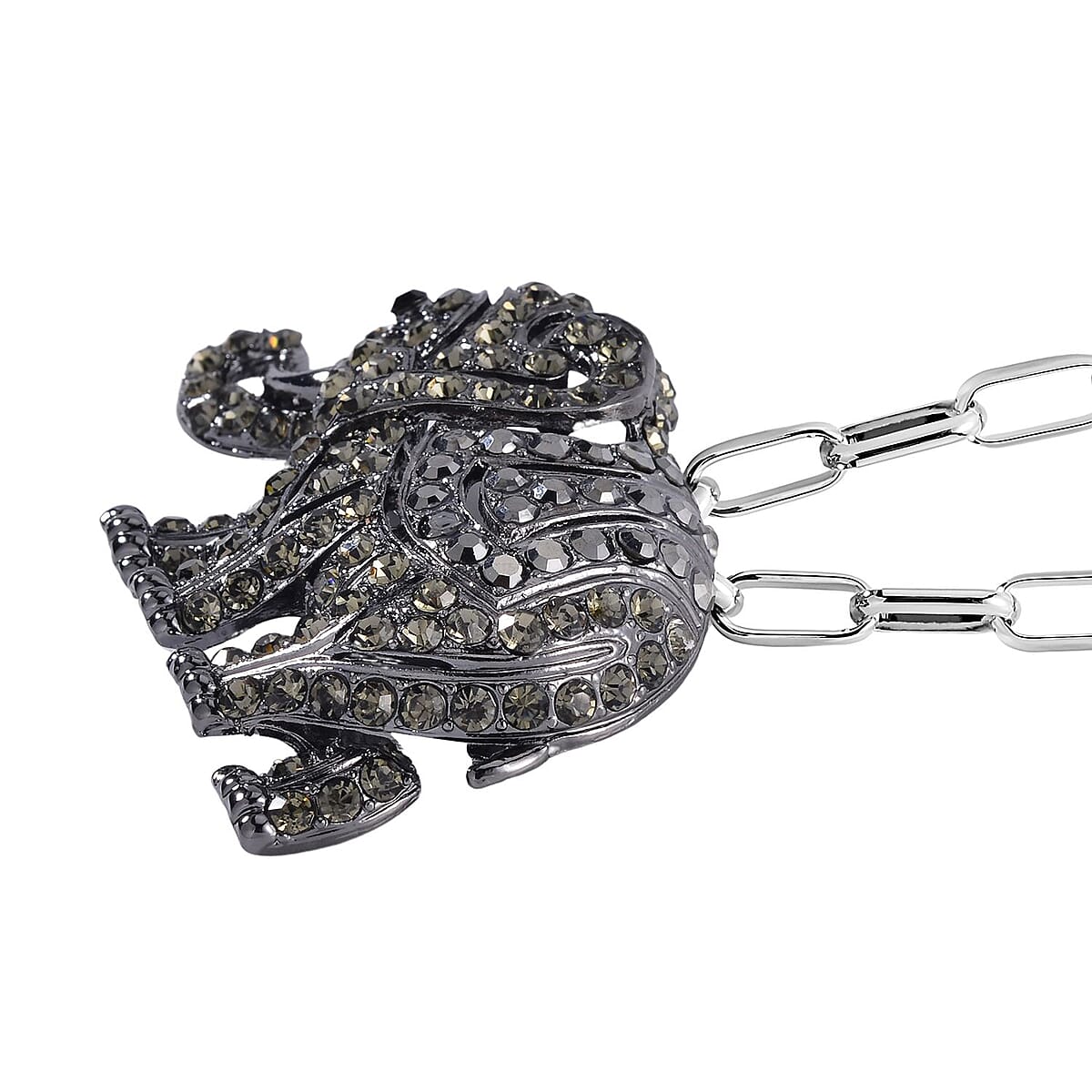 Black and Gray Color Austrian Crystal Elephant Brooch or Pendant with Necklace 24-26 Inches in Silvertone image number 3