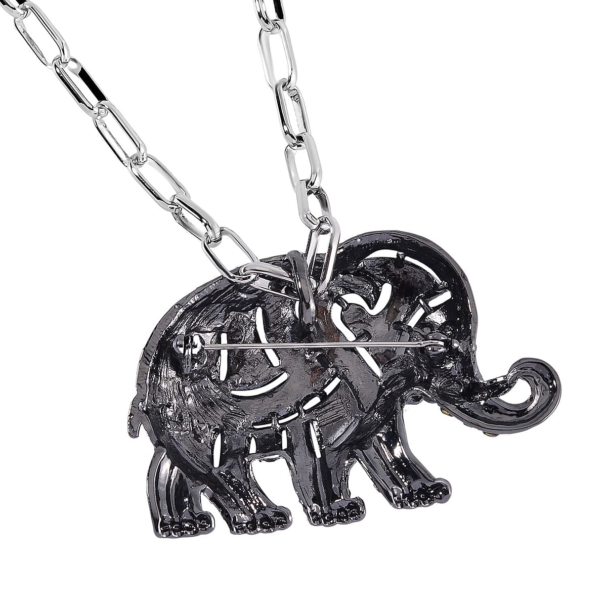 Black and Gray Color Austrian Crystal Elephant Brooch or Pendant with Necklace 24-26 Inches in Silvertone image number 4