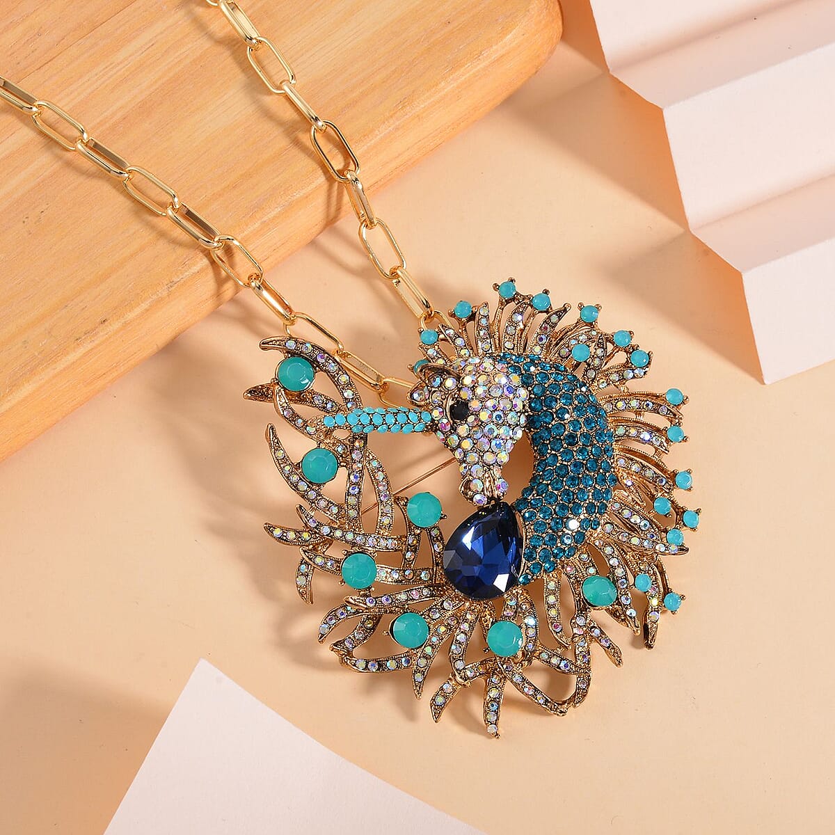 Blue Glass and Multi Color Austrian Crystal Peacock Brooch or Pendant with Necklace 24-26 Inches in Goldtone image number 1