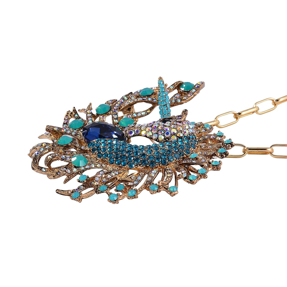 Blue Glass and Multi Color Austrian Crystal Peacock Brooch or Pendant with Necklace 24-26 Inches in Goldtone image number 3