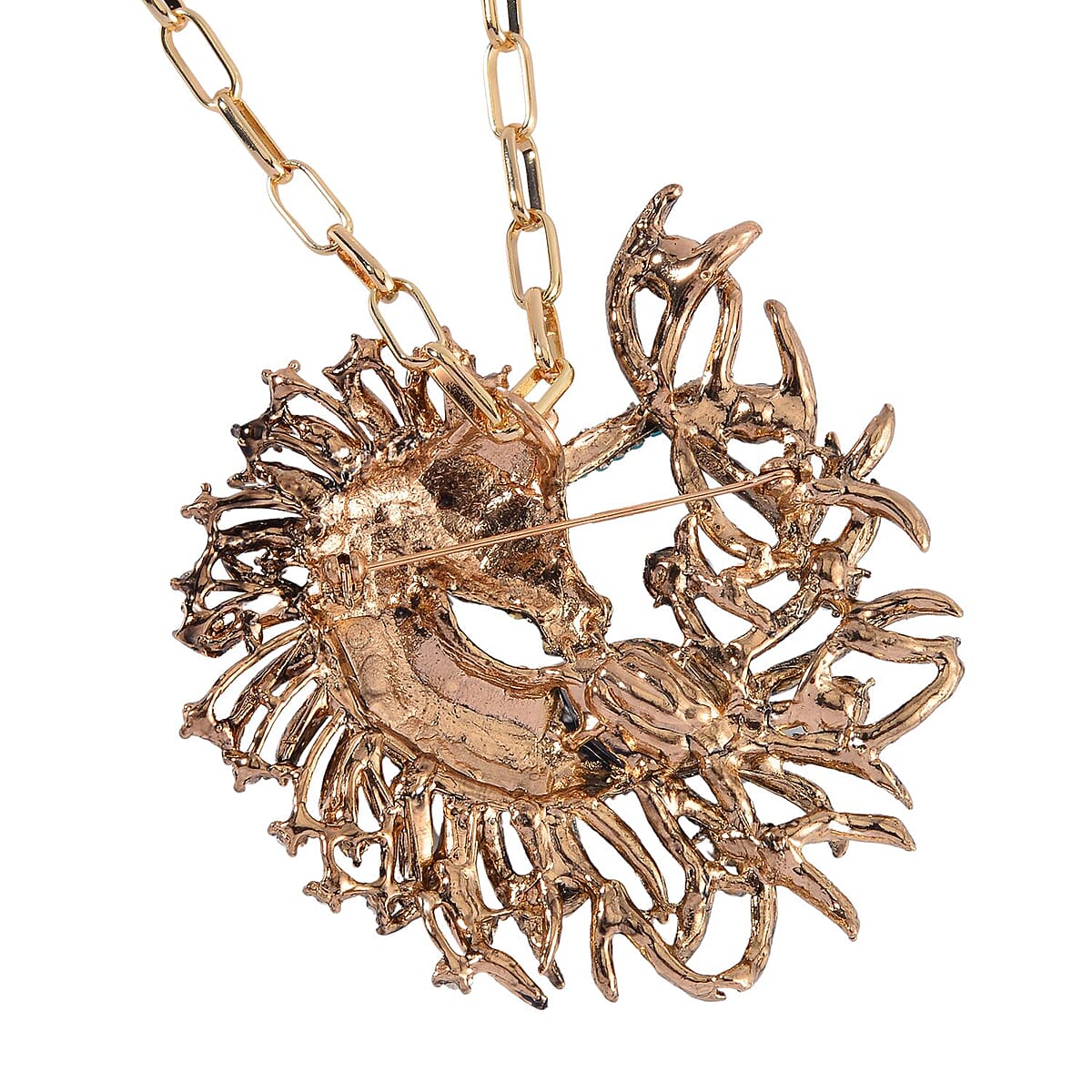 Blue Glass and Multi Color Austrian Crystal Peacock Brooch or Pendant with Necklace 24-26 Inches in Goldtone image number 4