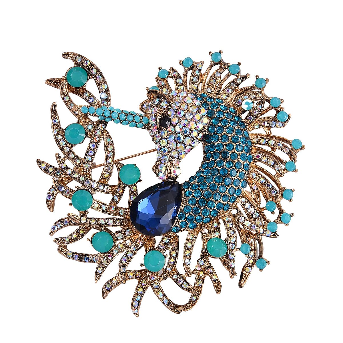 Blue Glass and Multi Color Austrian Crystal Peacock Brooch or Pendant with Necklace 24-26 Inches in Goldtone image number 5