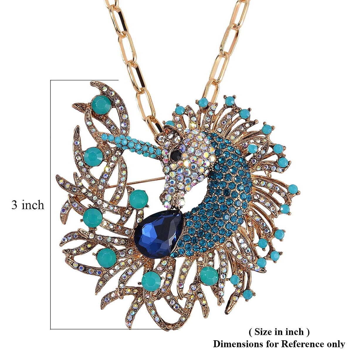 Blue Glass and Multi Color Austrian Crystal Peacock Brooch or Pendant with Necklace 24-26 Inches in Goldtone image number 7