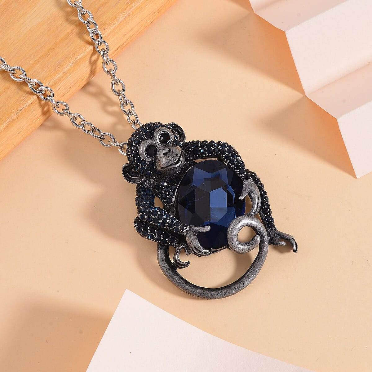 Blue Glass, Black and Blue Austrian Crystal Monkey Brooch or Pendant with Necklace 24-26 Inches in Silvertone image number 1