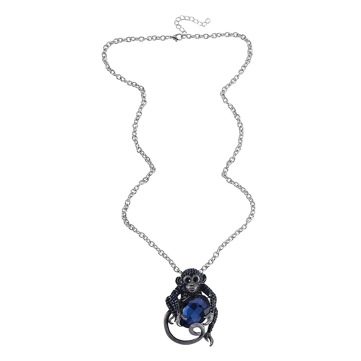 Blue Glass, Black and Blue Austrian Crystal Monkey Brooch or Pendant with Necklace 24-26 Inches in Silvertone image number 2