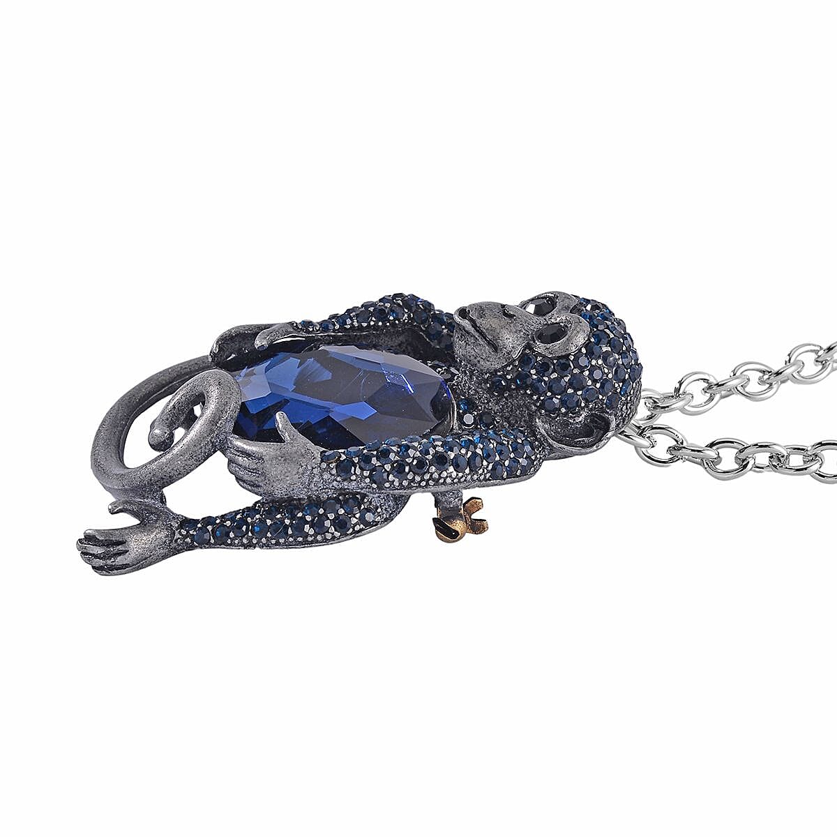 Blue Glass, Black and Blue Austrian Crystal Monkey Brooch or Pendant with Necklace 24-26 Inches in Silvertone image number 3