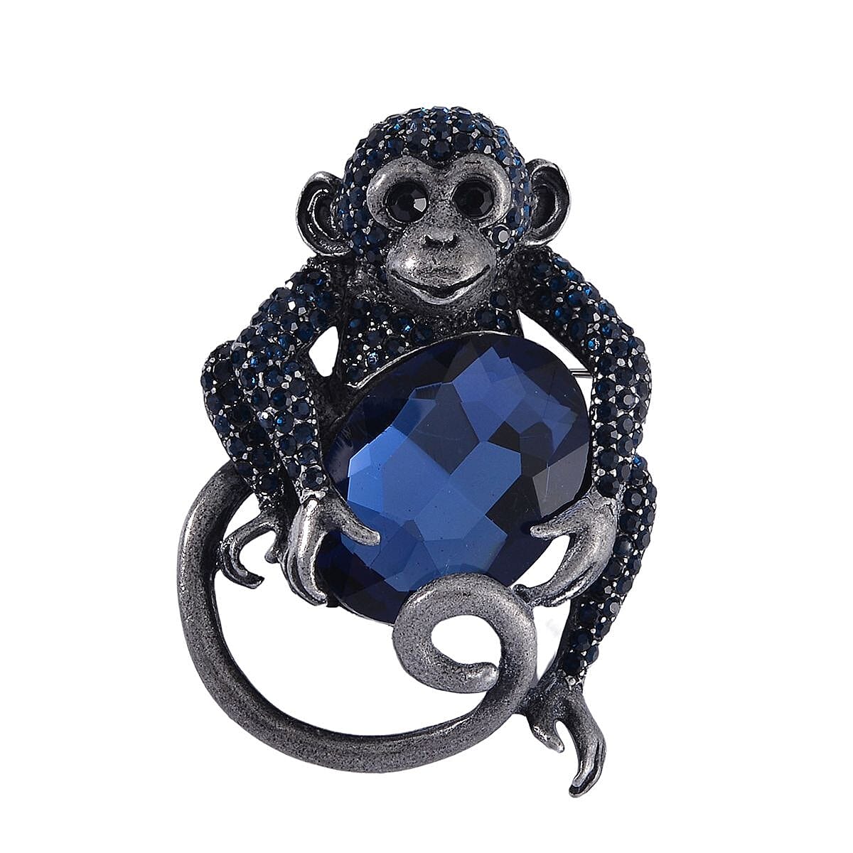 Blue Glass, Black and Blue Austrian Crystal Monkey Brooch or Pendant with Necklace 24-26 Inches in Silvertone image number 5