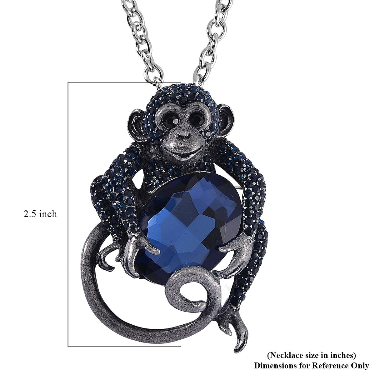 Blue Glass, Black and Blue Austrian Crystal Monkey Brooch or Pendant with Necklace 24-26 Inches in Silvertone image number 7