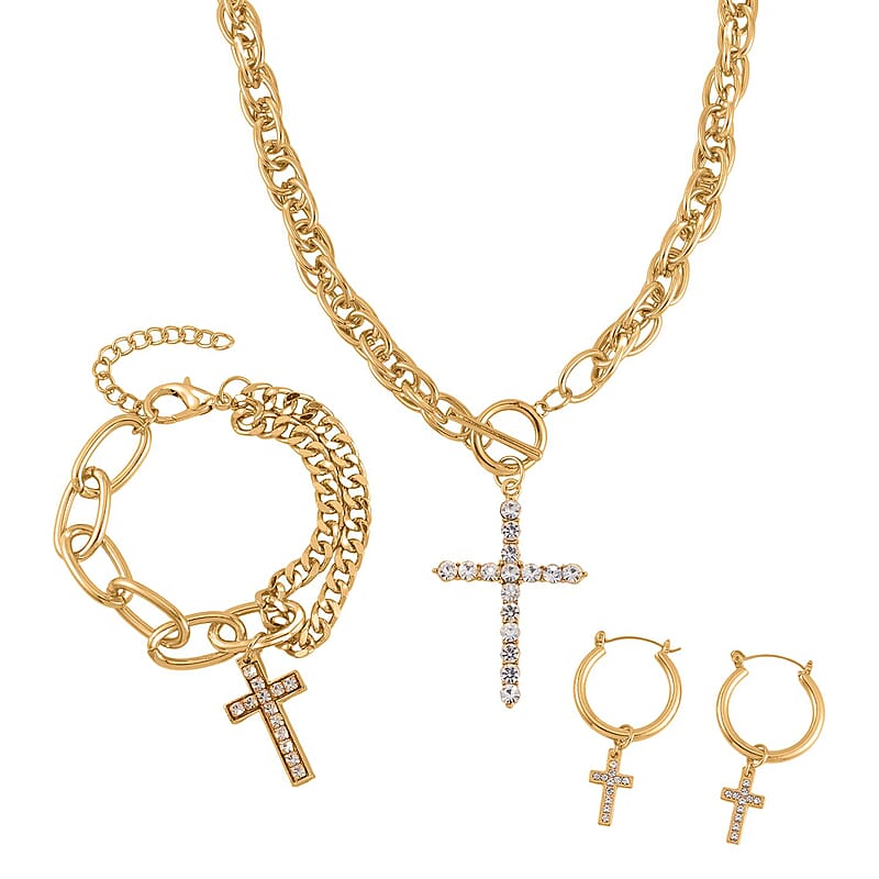 White Austrian Crystal Cross Necklace 20 Inches and Bracelet (8.50-9.00In) and Earrings in Goldtone