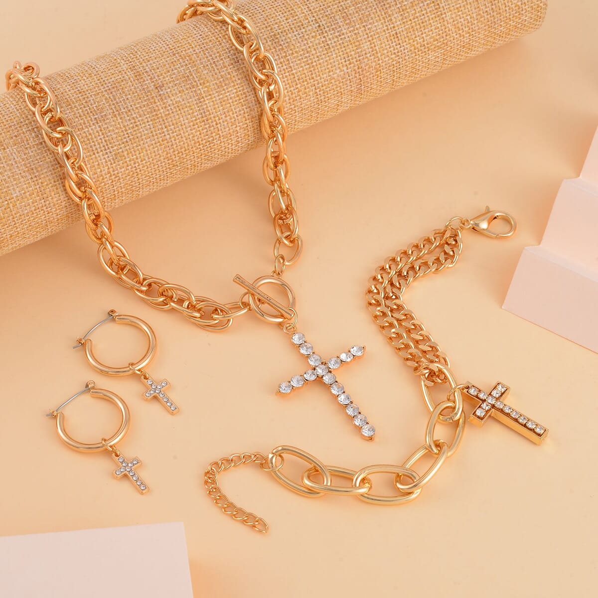 White Austrian Crystal Cross Necklace 20 Inches and Bracelet (8.50-9.00In) and Earrings in Goldtone image number 1